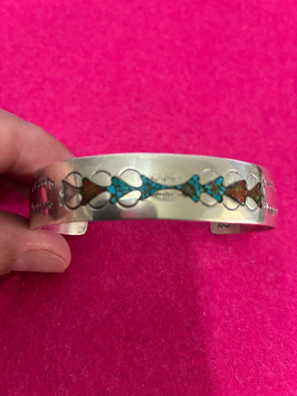 Vtg Native American  Silver Turquoise & Coral Inlay Cuff Bracelet signed